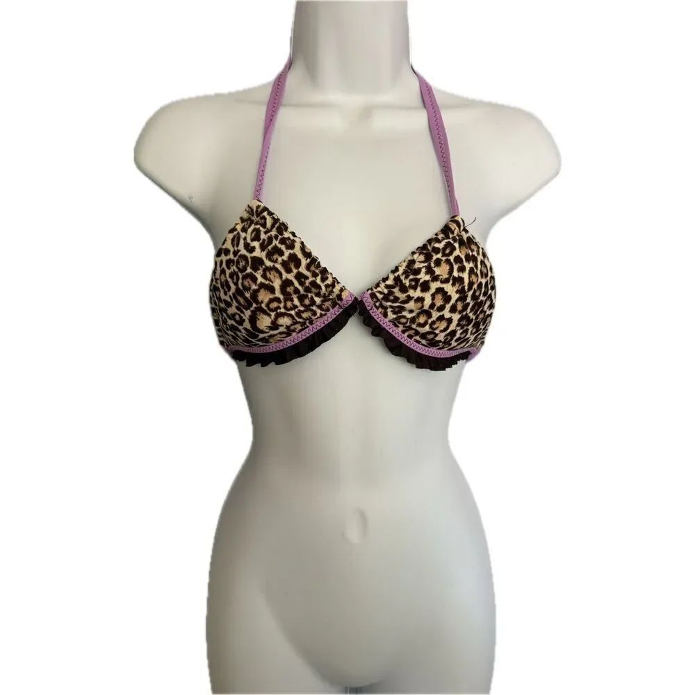 Bathing Suit Top Cheetah Purple Ruffle